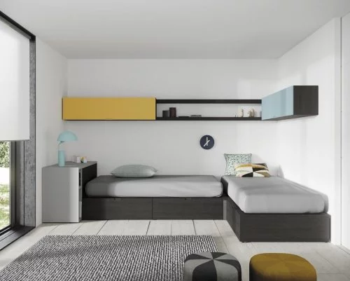 Habitación juvenil con dos camas en forma de L
